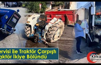 İŞÇİ SERVİSİ TRAKTÖRLE ÇARPIŞTI, TRAKTÖR İKİYE BÖLÜNDÜ