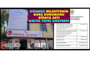 DÖNMEZ "BELEDİYENİN BORÇ DURUMUNU" BİNAYA ASTI, GEDÜZ TEPKİ GÖSTERDİ