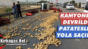 KAMYONET DEVRİLDİ PATATESLER YOLA SAÇILDI