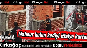 KIRKAĞAÇ'TA MAHSUR KALAN KEDİYİ İTFAİYE KURTARDI