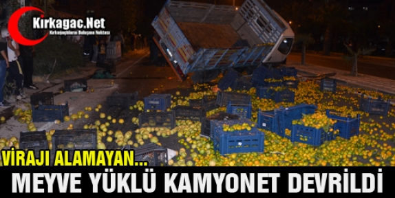 VİRAJI ALAMAYAN MEYVE YÜKLÜ KAMYONET DEVRİLDİ